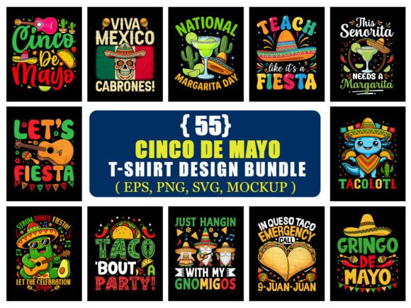 Cinco De Mayo T-Shirt Design Bundle: 55 Festive Graphics